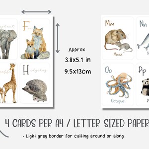 May include: Printable alphabet flash cards featuring watercolor illustrations of animals and their babies. Each card has a letter, animal name, and a light gray border. The cards are designed to be printed on A4 or letter-sized paper, with 4 cards per page.