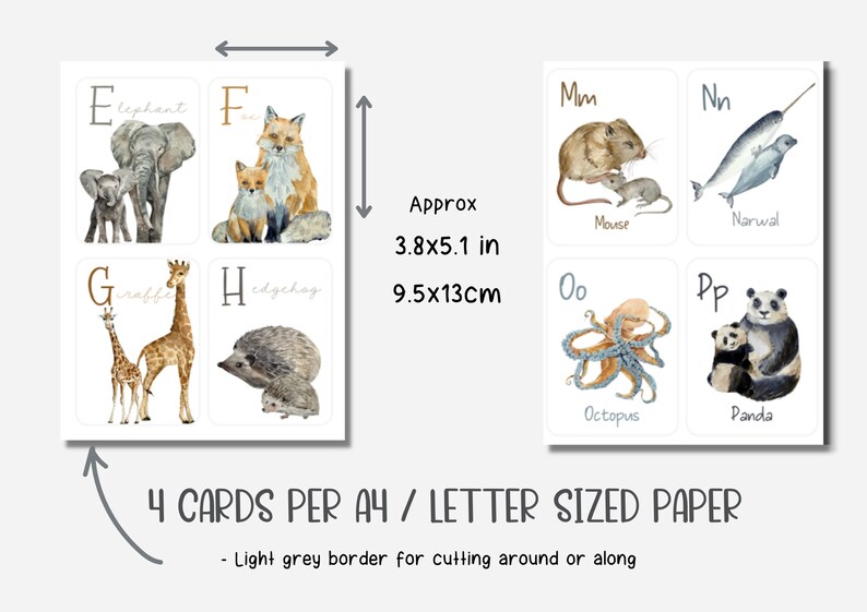 May include: Printable alphabet flash cards featuring watercolor illustrations of animals and their babies. Each card has a letter, animal name, and a light gray border. The cards are designed to be printed on A4 or letter-sized paper, with 4 cards per page.