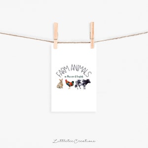K&ouml;nnte beinhalten: Eine wei&szlig;e Karte mit dem Text "FARM ANIMALS in Maori & English" und Illustrationen eines Kaninchens, eines Hahns und einer Kuh.