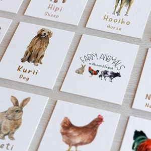 Farm Animals in Maori & English Flashcards, Téléchargement numérique instantané, PNG imprimable, Aquarelle éducative, Cartes mémoire d’animaux