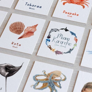 Animales del océano en tarjetas didácticas maoríes e inglesas, descarga digital instantánea, PNG imprimible, arte educativo de la acuarela, tarjetas didácticas de animales del océano