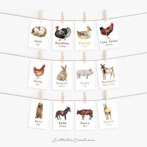 K&ouml;nnte beinhalten: Ein Set mit 10 Aquarell-Illustrationen von Nutztieren und ihren Namen in der Maori-Sprache. Die Tiere umfassen einen Hahn, eine Henne, einen Truthahn, eine Ente, ein Schwein, ein Kaninchen, eine Ziege, einen Hund, einen Esel und ein Pferd.