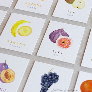 Watercolor Fruit Flashcards in Maori & English with matching fruits, Instant Digital Download, PNG Printable,Kids Educational prints,