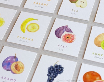 Aquarell Obst Flashcards in Maori & Englisch mit passenden Früchten, Instant Digital Download, PNG Druckbar, Kinder Lerndrucke,