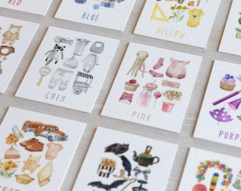 Watercolor Multi Picture Color Flashcards, PNG instant digital download, Learn colors with cards, Educational Flashcards, Preschool cards