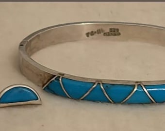 Vintage Mexico Sterling Silver Turquoise Bracelet and Half Moon Earrings Set