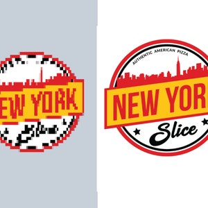 Puede incluir: Logotipo rojo y amarillo con el texto "NEW YORK Slice" y una silueta negra del horizonte de la ciudad de Nueva York. El logotipo est&aacute; rodeado por un c&iacute;rculo rojo con un borde negro y el texto "Authentic American Pizza".