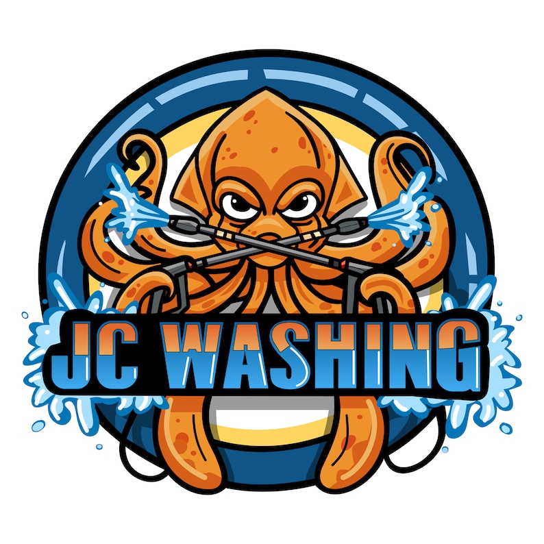 Puede incluir: Un pulpo de dibujos animados con una expresi&oacute;n amenazante sostiene dos lavadoras a presi&oacute;n, que roc&iacute;an agua. El pulpo est&aacute; dentro de un c&iacute;rculo azul con un centro amarillo. El texto "JC WASHING" est&aacute; en letras negras sobre un fondo azul.