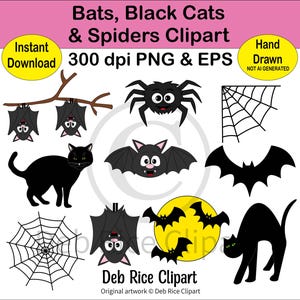 Bats, Black Cats and Spiders Clipart - spider, cobwebs, bats, black cats, bats and full moon, Halloween clipart, PNG, vector EPS