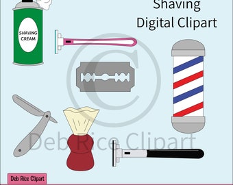 Shaving Digital Clipart - barber shop pole, straight razor, razor blade, shaving cream, razors, shaving vector files, PNG, SVG, EPS