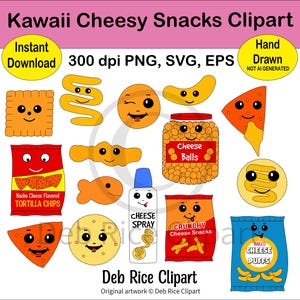 Kawaii Cheesy Snacks Clipart - Cheese Balls, Crackers, PNG, SVG, EPS, Instant Digital Download