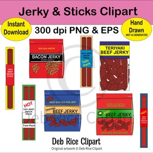 Jerky and Sticks Clipart - beef jerky, beef sticks, bacon jerky, beef sticks, jalapeno beef jerky, hot beef sticks, PNG, vector EPS