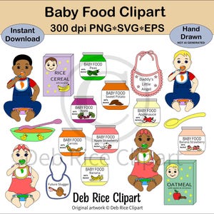 Clipart babyvoeding - baby's die babyvoeding eten, slabbetjes, potjes babyvoeding, babylepel, ontbijtgranen, appelmoes, wortelen, png, vector, SVG en EPS