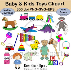 Clipart jouets bébé et enfants - singe chaussette, cheval bâton, train jouet, anneau de dentition, moulinet, avion jouet, xylophone, PNG, vecteur SVG et EPS
