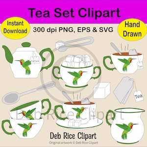 Tea Set Clipart - Teapot, Teacups, Sugar, PNG, EPS, SVG, Instant Digital Download