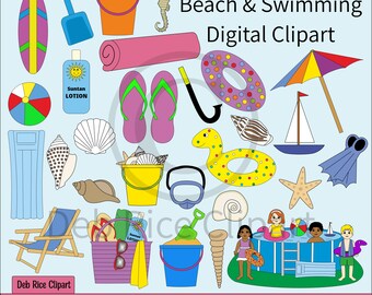 Beach & Swimming Digital Clipart - sand chair, pool float, flip flops, surfboard, beach ball, seashells, vector clipart, PNG, SVG, EPS