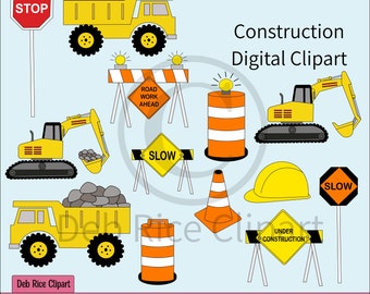 Construction Digital Clipart - dump trucks, hard hat, barriers, excavator, flagger poles, construction cone, vector clipart, PNG, SVG, EPS