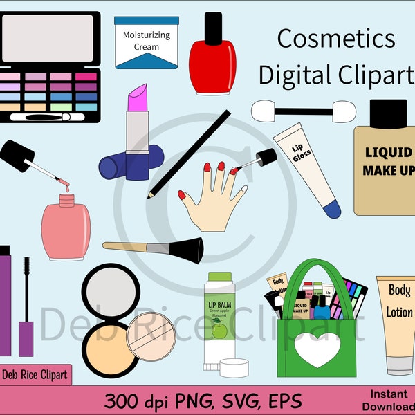 Cosmetics Digital Clipart - lipstick, lip balm, mascara, nail polish, cosmetic tote bag, eye shadow, vector clipart, PNG, SVG, EPS