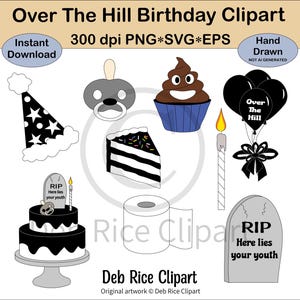 Over The Hill Birthday Clipart - Geburtstagspartyhut, Over the Hill-Ballons, Schnuller, Poop Cupcake, Toilettenpapier, PNG, Vektor SVG und EPS