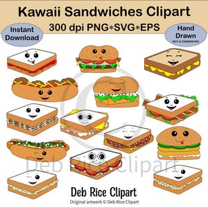 Sándwiches Kawaii - Hamburguesa con queso y tocino kawaii, sándwich de mortadela y queso kawaii, sándwich de queso a la parrilla kawaii, BLT kawaii, PNG, vectores SVG y EPS