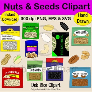 Imágenes prediseñadas de frutos secos variados: nueces, pecanas y anacardos en bolsa. Descarga digital instantánea.