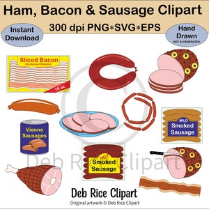 Imágenes prediseñadas de jamón, tocino y salchicha: jamón al horno, salchichas, salchicha de Viena, paquete de tocino en rodajas, salchicha ahumada en caliente, PNG, vector SVG y EPS