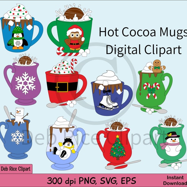 Hot Cocoa Mugs Digital Clipart - hot cocoa bomb mugs, hot cocoa mugs, vector clipart, PNG, SVG, EPS