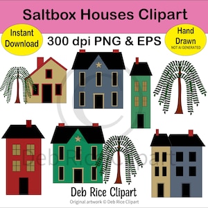 Saltbox Houses Clipart - green saltbox house, red saltbox house, blue saltbox house, willow tree, PNG, vector EPS
