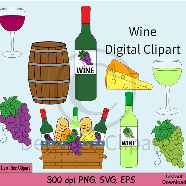 Wine Digital Clipart - wine basket, wine bottles, red wine, white wine, grapes, cheese wedges, wine barrel, vector clipart, PNG, SVG, EPS