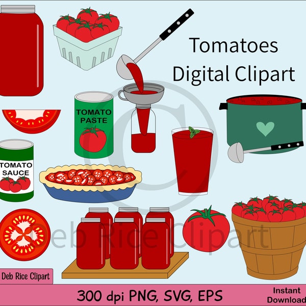 Tomatoes Digital Clipart - canned tomatoes, tomato sauce & paste cans, tomato pie, tomatoes in cook pot, vector clipart, PNG, SVG, EPS