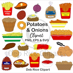 May include: A digital illustration set featuring various potatoes and onions, including french fries, sweet potato fries, onion rings, baked potatoes, and bagged produce with text labels like White Potatoes 10 Pound and Red Potatoes 5 Pound.