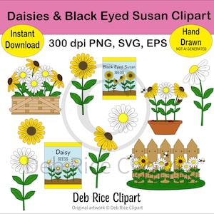 Daisies and Black-Eyed Susan Clipart - floral graphics, PNG, SVG, EPS, Instant Digital Download