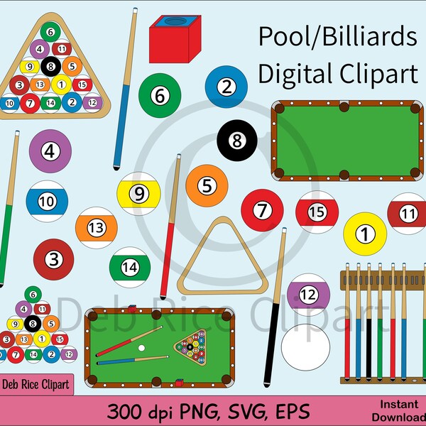 Pool/Billiards Digital Clipart - pool balls, pool tables, cue sticks rack, billiards, cue chalk, pool vector clipart, PNG, SVG, EPS