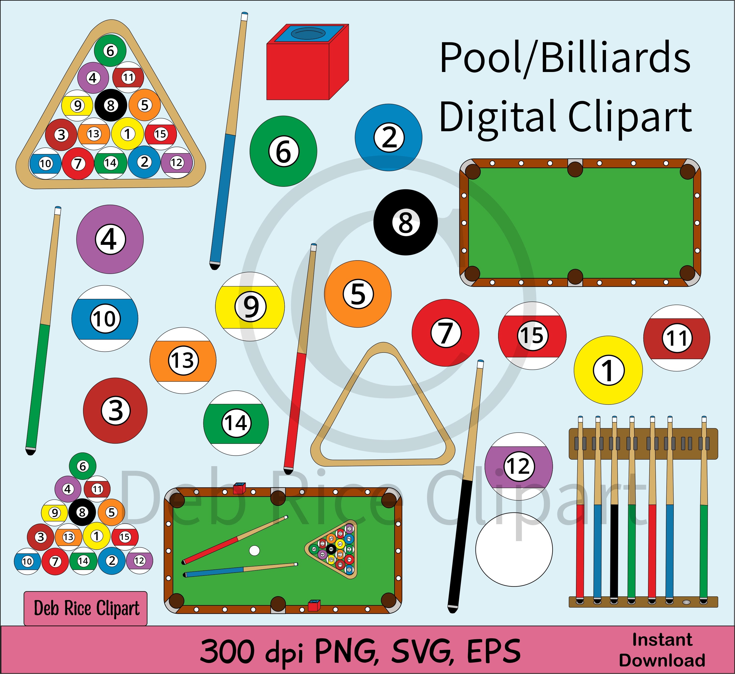 Pool/billiards Digital Clipart Pool Balls, Pool Tables, Cue Sticks Rack