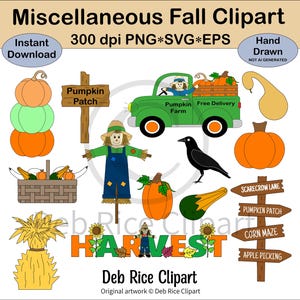Verschiedene Herbst Clipart - Kürbisse, Kürbisfeld Wegweiser, Herbstpfahl, Krähe, Ernte Wortkunst, Vogelscheuche, PNG, Vektor SVG & EPS