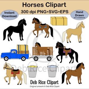 Clipart di cavalli - cavallo nero, cavallo palomino, cavallo marrone, cavalli sellati, secchio per mangime, balla di fieno, cavallo su rimorchio, PNG, vettore SVG ed EPS