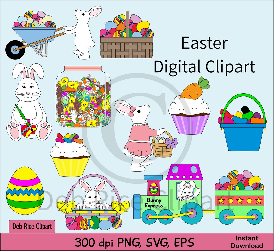 Easter Digital Clipart Bunny in Basket, Jellybeans in Bucket, Eggs ...