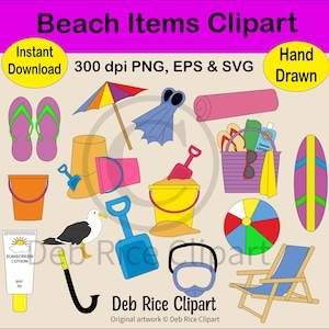 Beach Items Clipart - Sand Stuhl, Surfbrett, Scuba, Möwe, PNG, EPS, SVG, Sofortiger digitaler Download