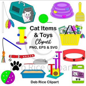 Peut inclure: Un ensemble d'illustrations sur le thème des chats comprenant une cage de transport sarcelle avec un chat blanc, un panier jaune avec des accessoires, un circuit à balles violet, une pelle à litière jaune, une pelote de laine verte et un arbre à chat.
