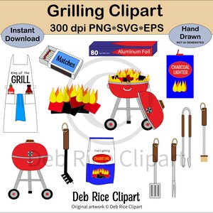 Clipart de grelha - fluido de carvão, saco de carvão, grelha a carvão, utensílios para grelhar, caixa de papel alumínio, avental para grelhar, PNG, vetor SVG e EPS