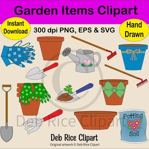 Garden Items Clipart - Gloves, Pots, Hoe, Potting Soil, PNG, EPS, SVG, Instant Digital Download