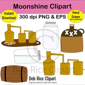 Moonshine Clipart - working moonshine still, moonshine jar, shaken moonshine jar, moonshine barrel, moonshine jug, PNG, vector EPS