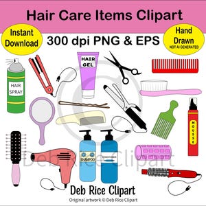 Hair Care Items Clipart - brushes, combs, blow dryer, curling iron, bobby pin, hair gel, hair pick, hair spray, mirror, PNG, vector EPS
