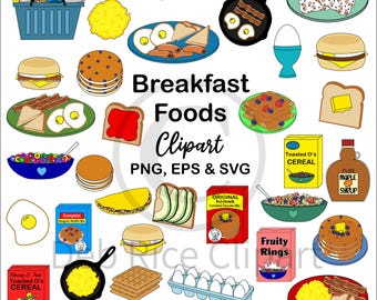 May include: A digital collection of breakfast food illustrations including pancakes, bacon, eggs, cereal boxes, waffles, toast, and maple syrup. The text reads Breakfast Foods Clipart PNG, EPS & SVG, Toasted O's CEREAL, Honey & Nut CEREAL, and Deb Rice Clipart.