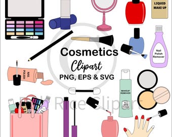 Puede incluir: Una colección de ilustraciones digitales de cosméticos que incluye una paleta de sombras, lápiz labial, espejo, esmalte de uñas, maquillaje líquido, brochas, desmaquillante, polvos compactos y un bolso rosa. El texto dice Cosmetics Clipart PNG, EPS & SVG.