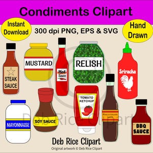 Condiments Clipart - Ketchup, Mustard, Sriracha, Relish, PNG, EPS, SVG, Instant Digital Download