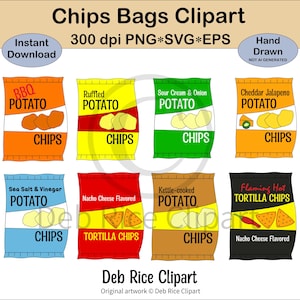 Bolsas de patatas fritas Clipart: patatas fritas con volantes, patatas fritas a la barbacoa, patatas fritas cocidas en olla, nachos con tortilla, crema agria y cebolla, PNG, vector SVG y EPS
