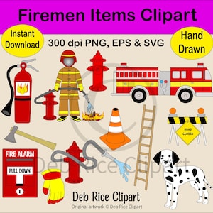 Clipart di oggetti da pompiere - Camion dei pompieri, Dalmata, Idrante, PNG, EPS, SVG, Download digitale istantaneo