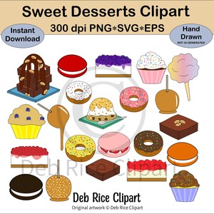 Clipart di dolci - ciambelle, fette di cheesecake, mele candite, whoopie pie, zucchero filato, dessert al cioccolato e noci, PNG, vettore SVG ed EPS