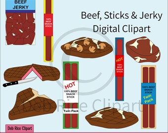 Beef, Sticks & Jerky Digital Clipart - beef jerky pkg, rare steak, T-Bone steak, beef sticks, hot beef sticks, vector clipart, PNG, SVG, EPS